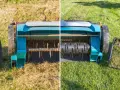 Przed i po wertykulacji trawnika. Urządzenie usuwa filc i mech, przygotowując go do wałowania.