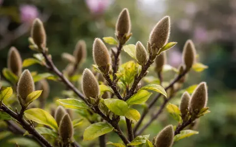Puszyste pąki magnolii zapowiadają wiosenne kwitnienie. W tle delikatne różowe kwiaty.