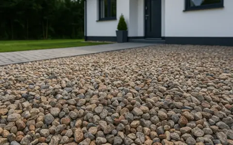 Zbliżenie na podjazd z żwiru o różnej wielkości i kolorze, obok domu.