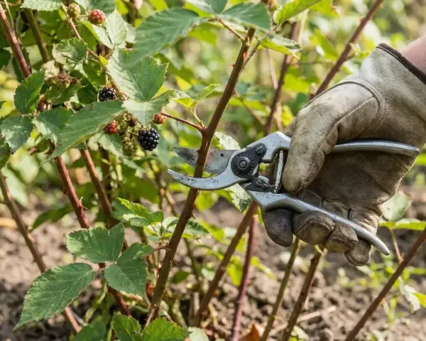 Ręka w rękawicy przycina gałąź jeżyny z owocami. Jesienne przycinanie jeżyny to klucz do obfitych plonów w przyszłym roku.