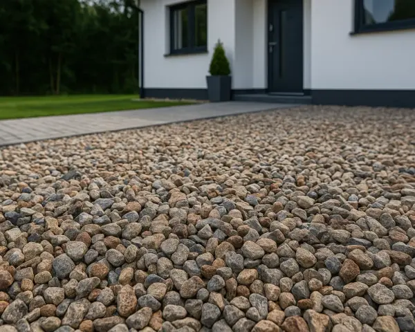 Zbliżenie na podjazd z żwiru o różnej wielkości i kolorze, obok domu.