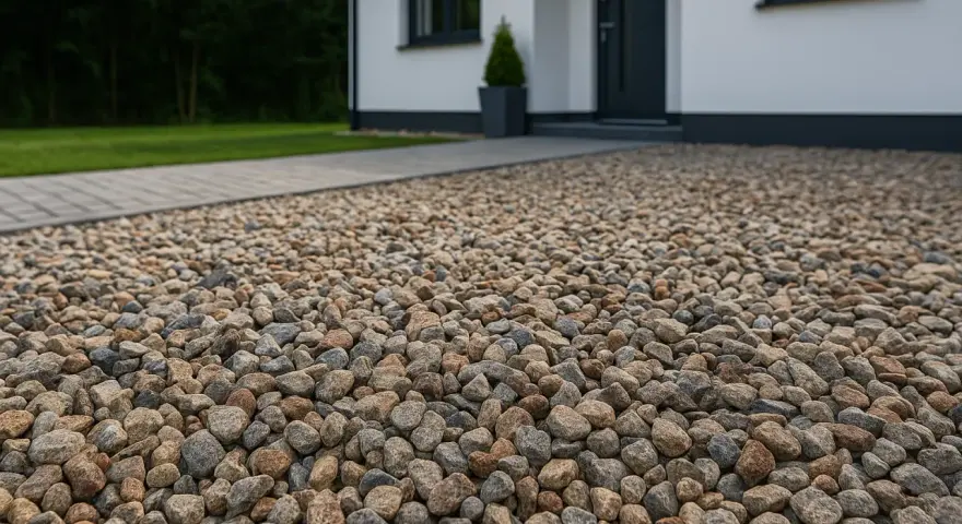 Zbliżenie na podjazd z żwiru o różnej wielkości i kolorze, obok domu.
