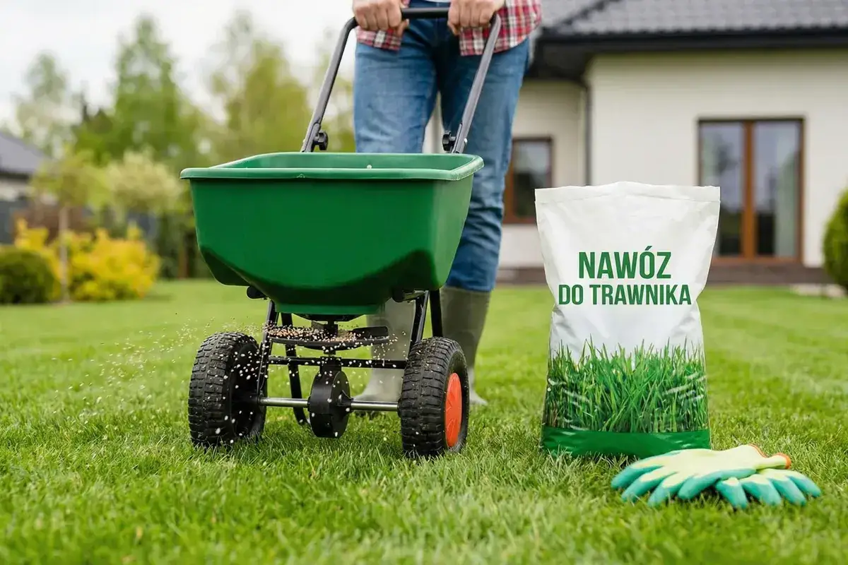 Osoba rozsiewa nawóz na trawnik z wózka. Obok stoi worek z napisem 